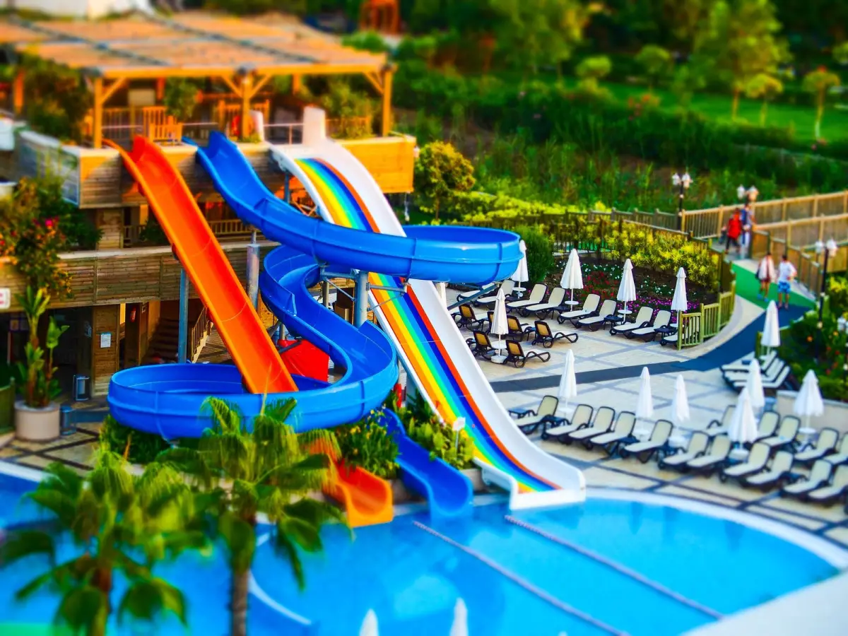 Swimming pool and water slides representing FRP bath, pool and recreational-vehicle applications