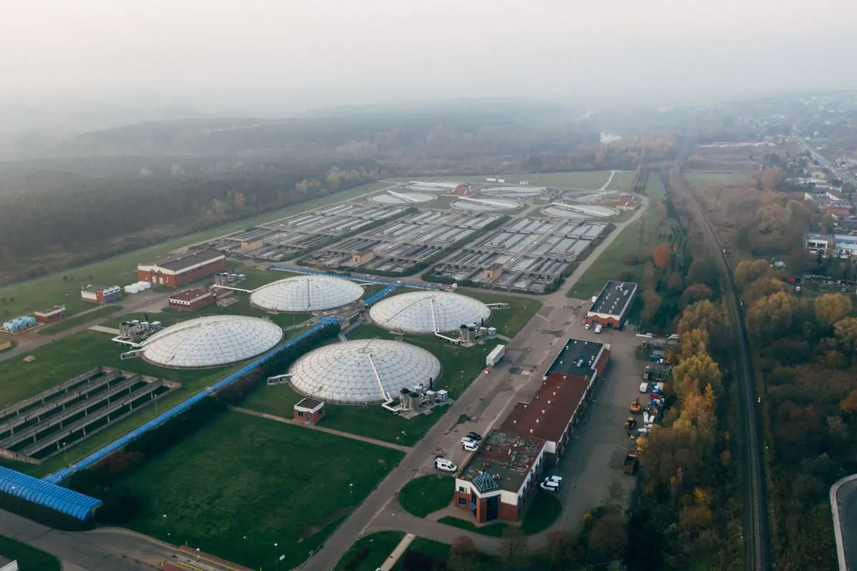 Aerial view of a wastewater treatment facility representing FRP water, wastewater and desalination applications